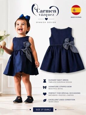 Carmen Vazquez Navy Blue Bow Dress Toddler Girl 2T Spanish Designer